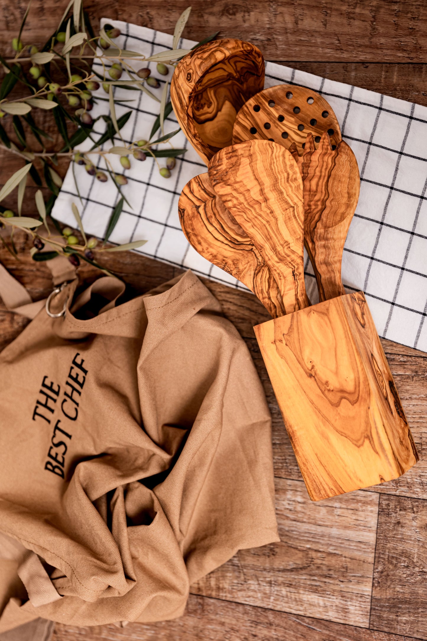 Olive Wood Utensil Holder with Spoons