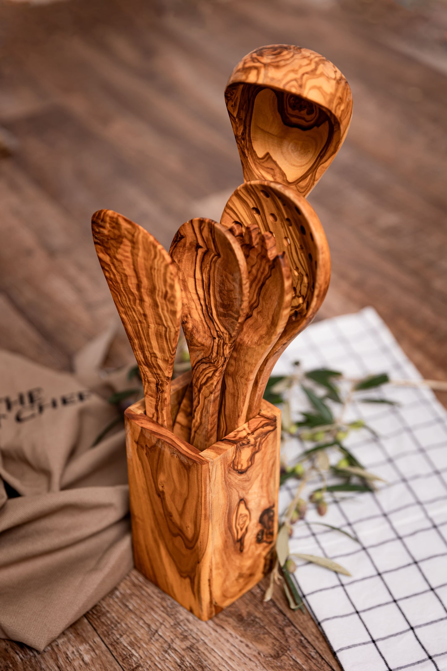 Olive Wood Utensil Holder with Spoons