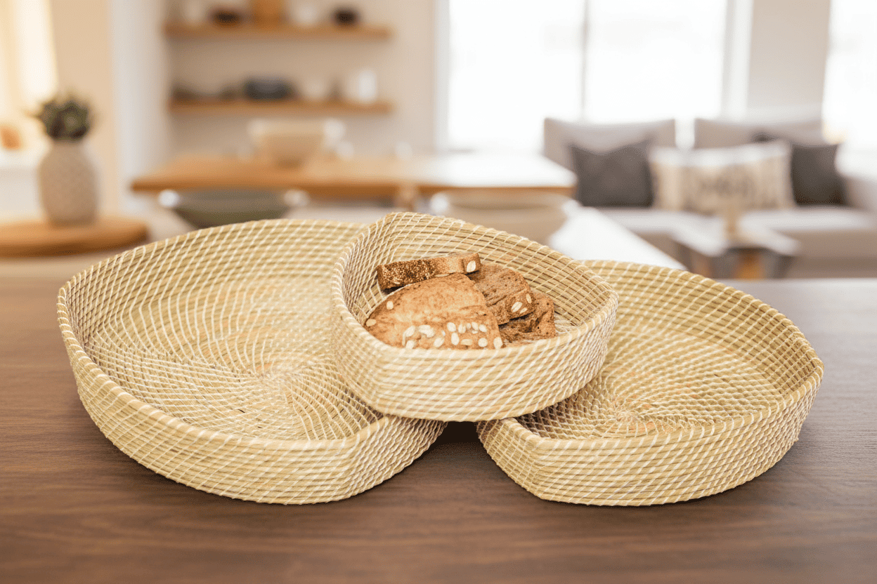 Set of 3 Handwoven Raffia Bread and Fruit Basket