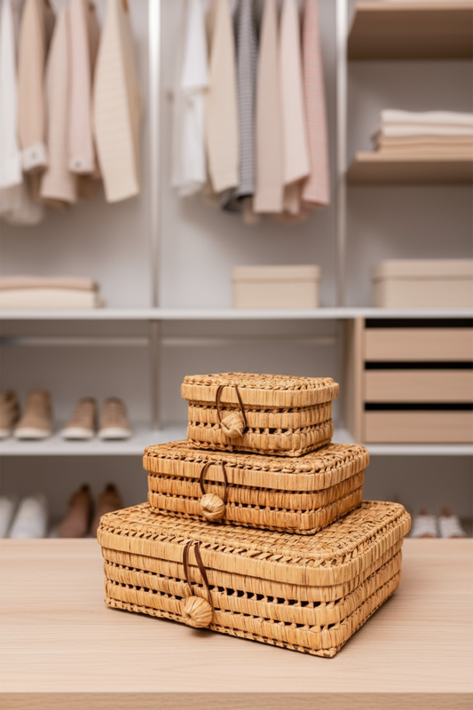 Pack of Three Handmade Raffia Storage Baskets – Natural Woven Organizer Set for Home Décor