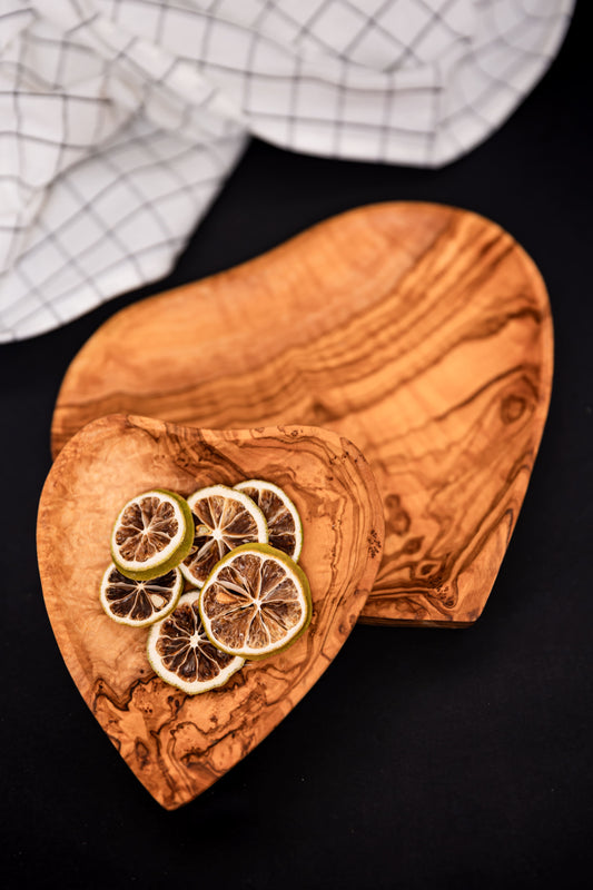 Pack of Two Handmade Olive Wood Heart Plates