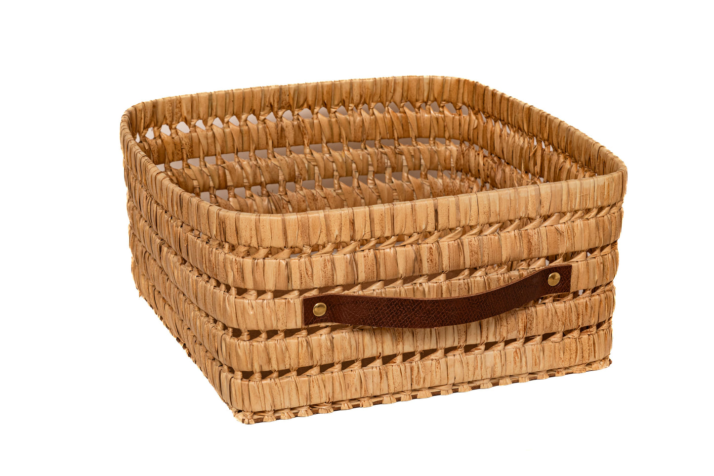 Set of 3 handmade raffia storage boxes with leather handles