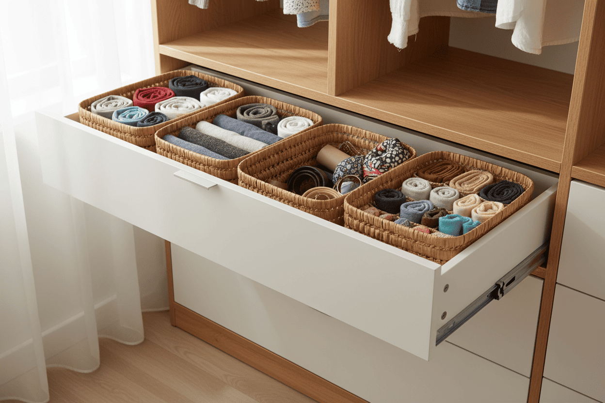 Set of 3 handmade raffia storage boxes with leather handles