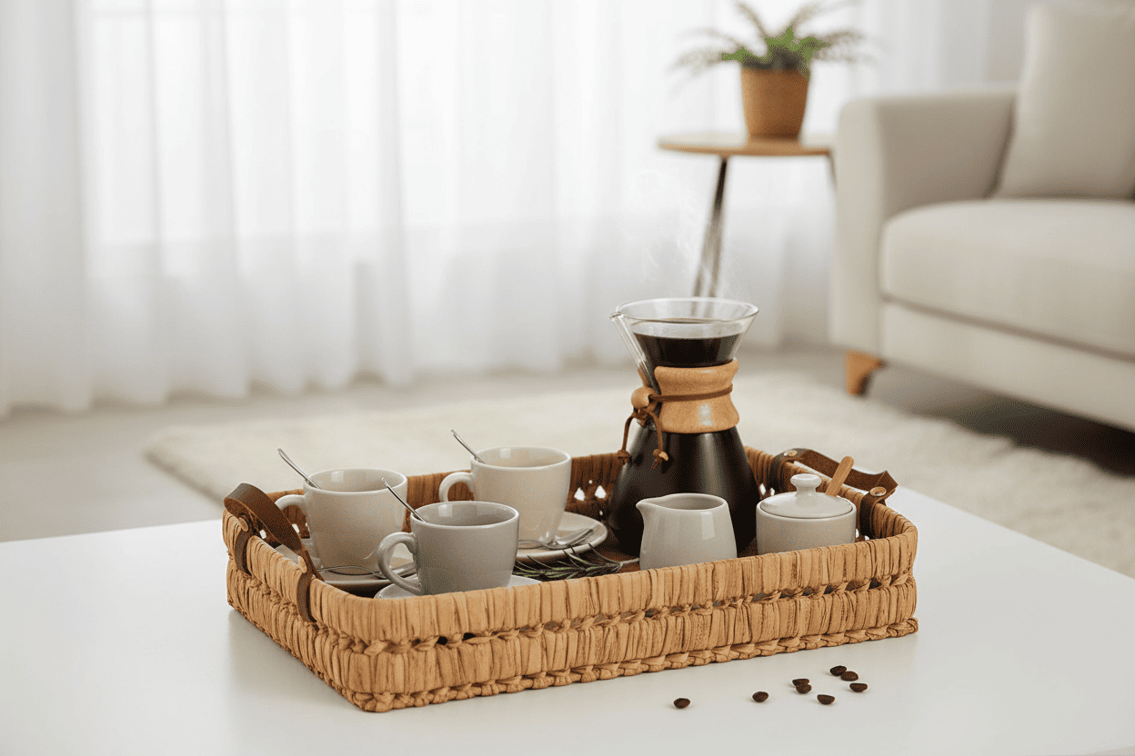 Handmade Raffia Tray with Leather Handles – Natural Rectangular Basket