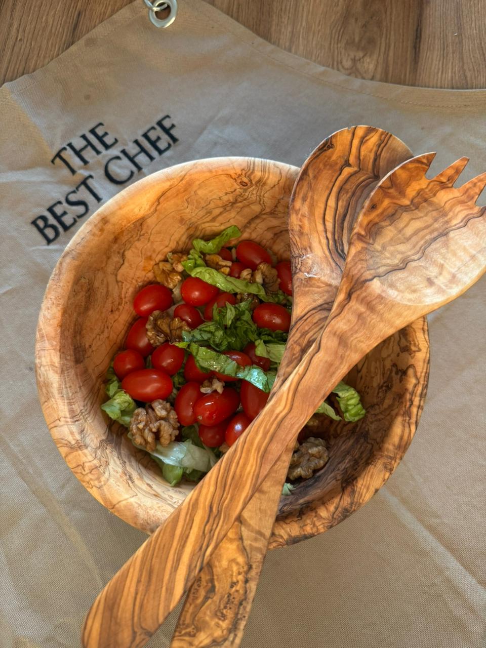 Large Olive Wood Salad Bowl with Salad Forks