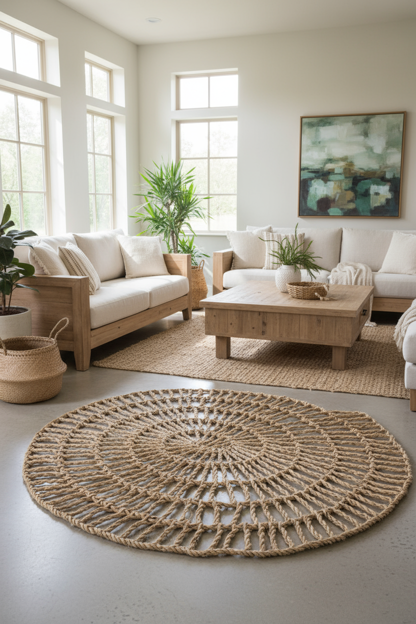 Snail-shaped raffia rug – Natural handmade floor mat