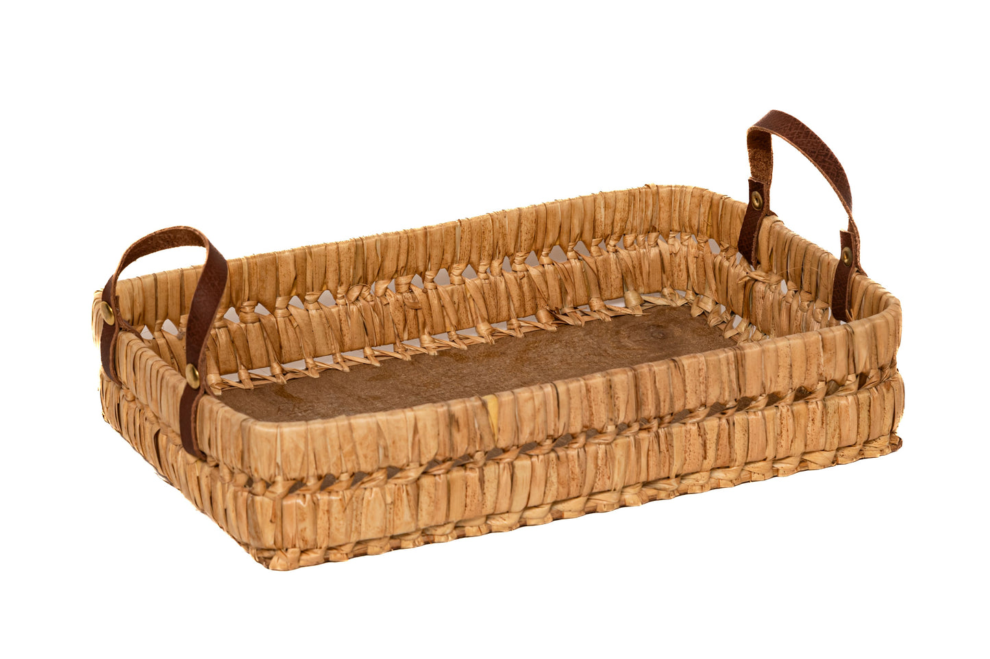 Handmade Raffia Tray with Leather Handles – Natural Rectangular Basket